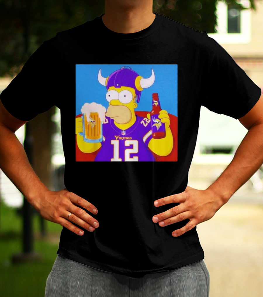 Homer Simpson In Minnesota Vikings Gear Drinking Beer T-Shirt