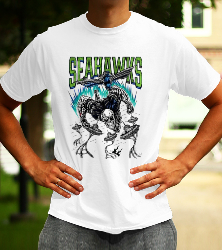 Seattle Seahawks Skeleton With Winged Bird And Blue Flames T-Shirt