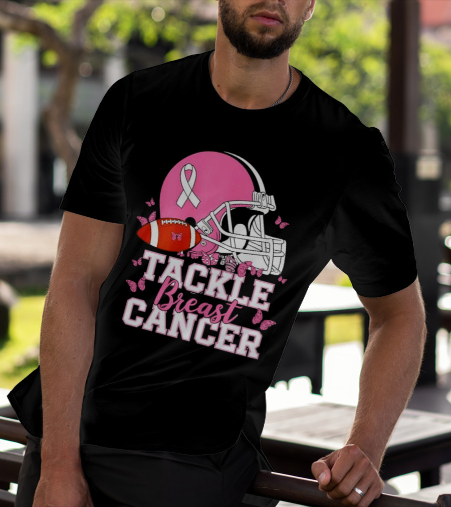 Tackle Breast Cancer Awareness Pink Football Helmet Ribbon Butterflies T-Shirt