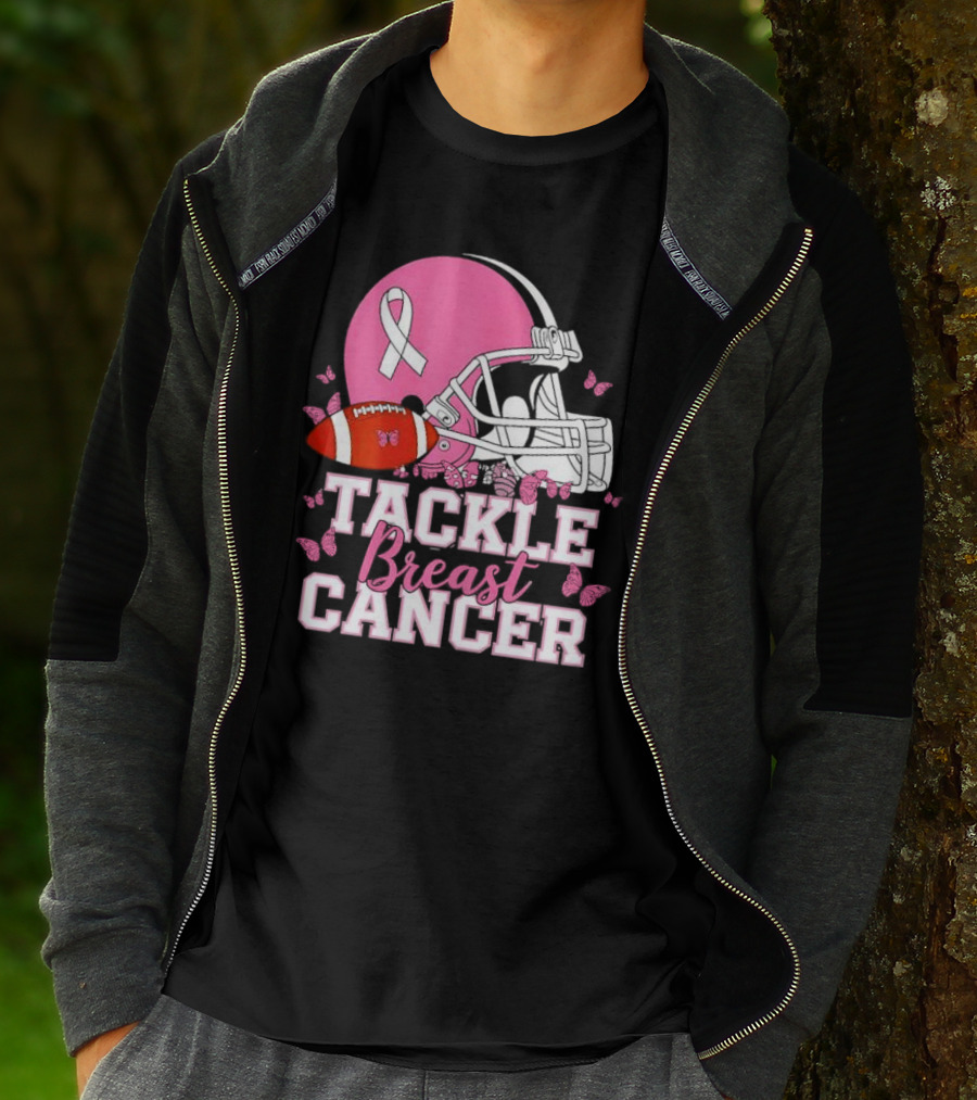 Tackle Breast Cancer Awareness Pink Football Helmet Ribbon Butterflies T-Shirt