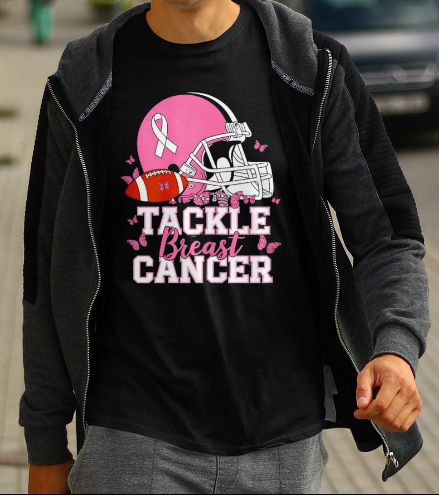 Tackle Breast Cancer Awareness Pink Football Helmet Ribbon Butterflies T-Shirt