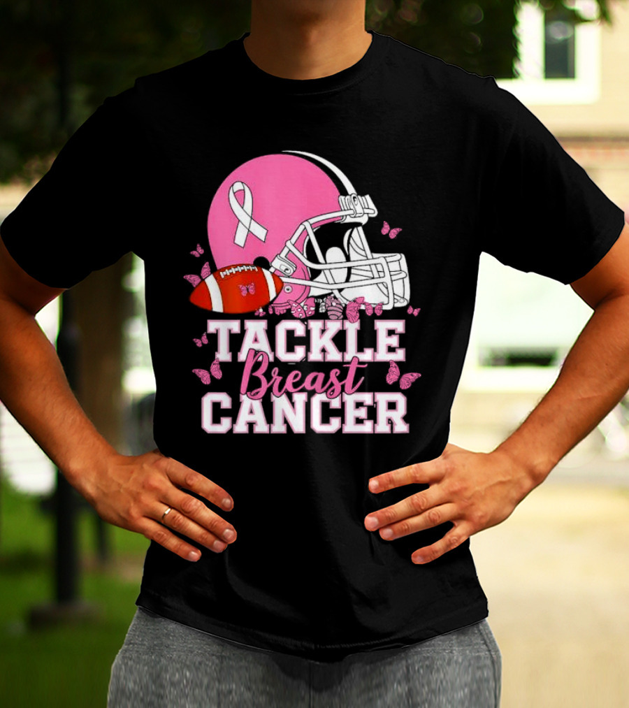 Tackle Breast Cancer Awareness Pink Football Helmet Ribbon Butterflies T-Shirt