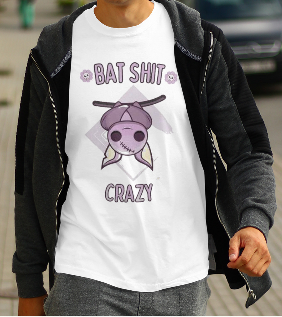 Bat Shit Crazy Purple Bat Hanging Upside Down With Flowers T-Shirt