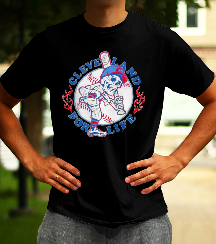 Cleveland Guardians For Life Skeleton Baseball Player Flames T-Shirt