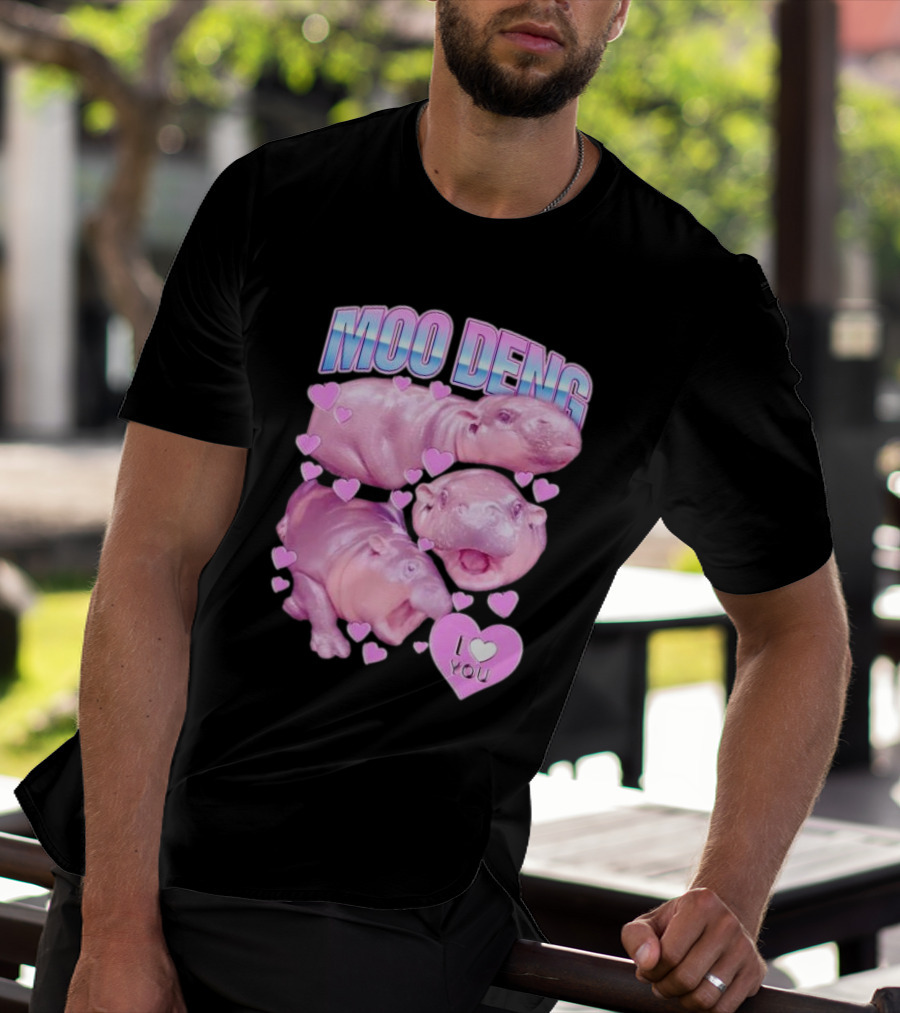 Moo Deng I Love You Pink Hippo Hearts T-Shirt