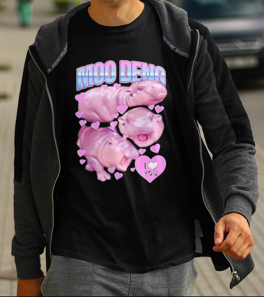 Moo Deng I Love You Pink Hippo Hearts T-Shirt