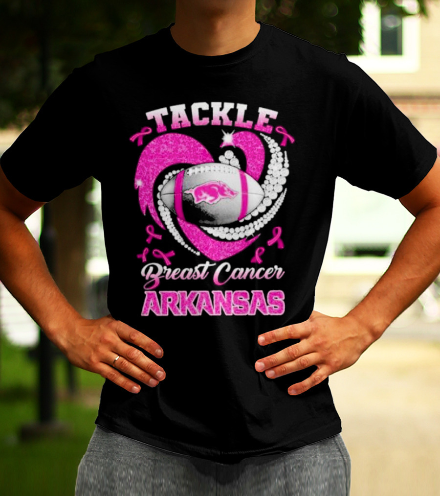 Arkansas Razorbacks Tackle Breast Cancer Pink Ribbon Heart Football T-Shirt