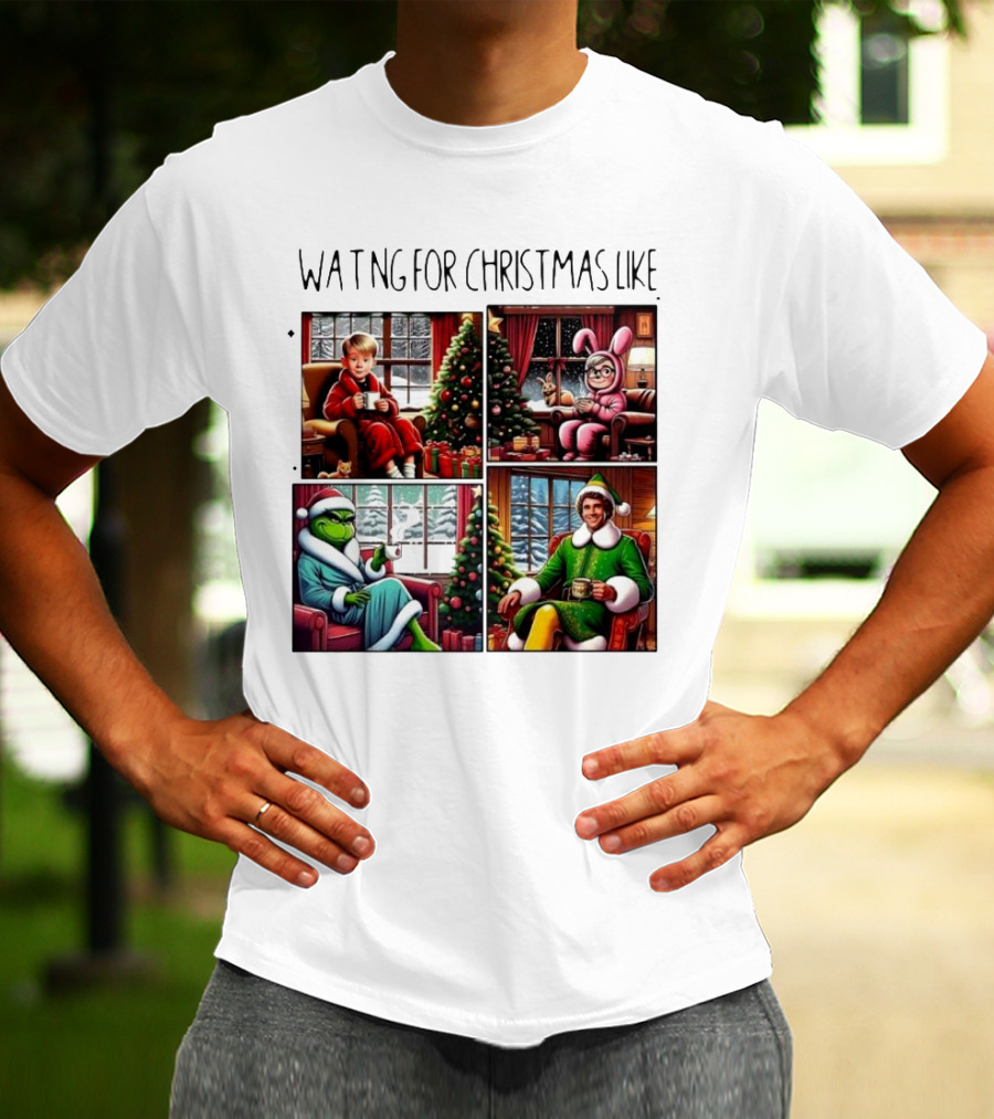 Waiting For Christmas Like Iconic Holiday Characters With Christmas Tree And Cozy Living Room Scene T-Shirt