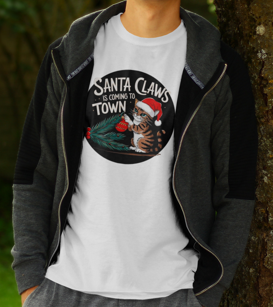 Santa Claws Is Coming To Town Cat Merry Christmas T-Shirt