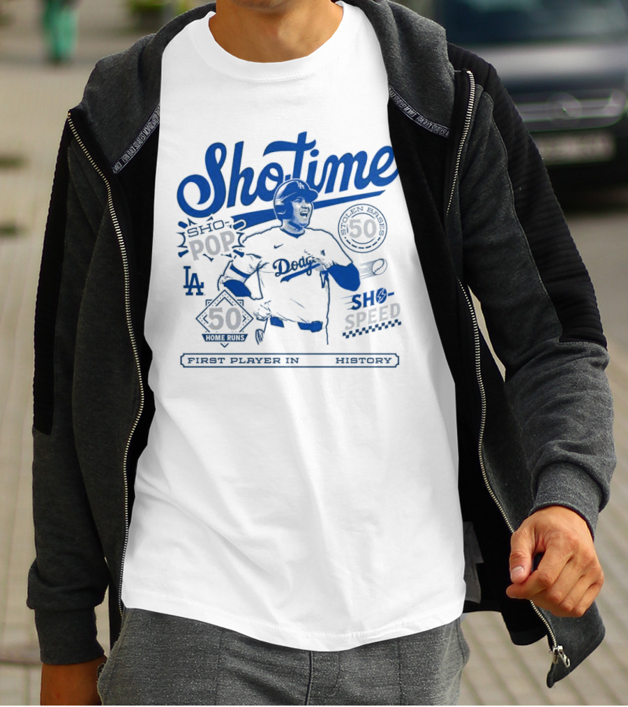 Shohei Ohtani Showtime Los Angeles Dodgers 50 Home Runs 50 Stolen Bases Sho Pop Sho Speed First Player In History T-Shirt