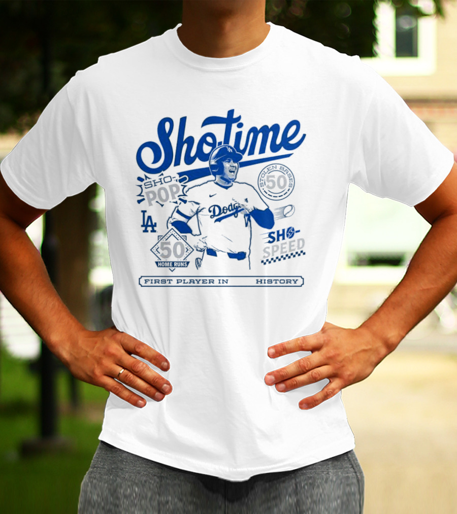 Shohei Ohtani Showtime Los Angeles Dodgers 50 Home Runs 50 Stolen Bases Sho Pop Sho Speed First Player In History T-Shirt