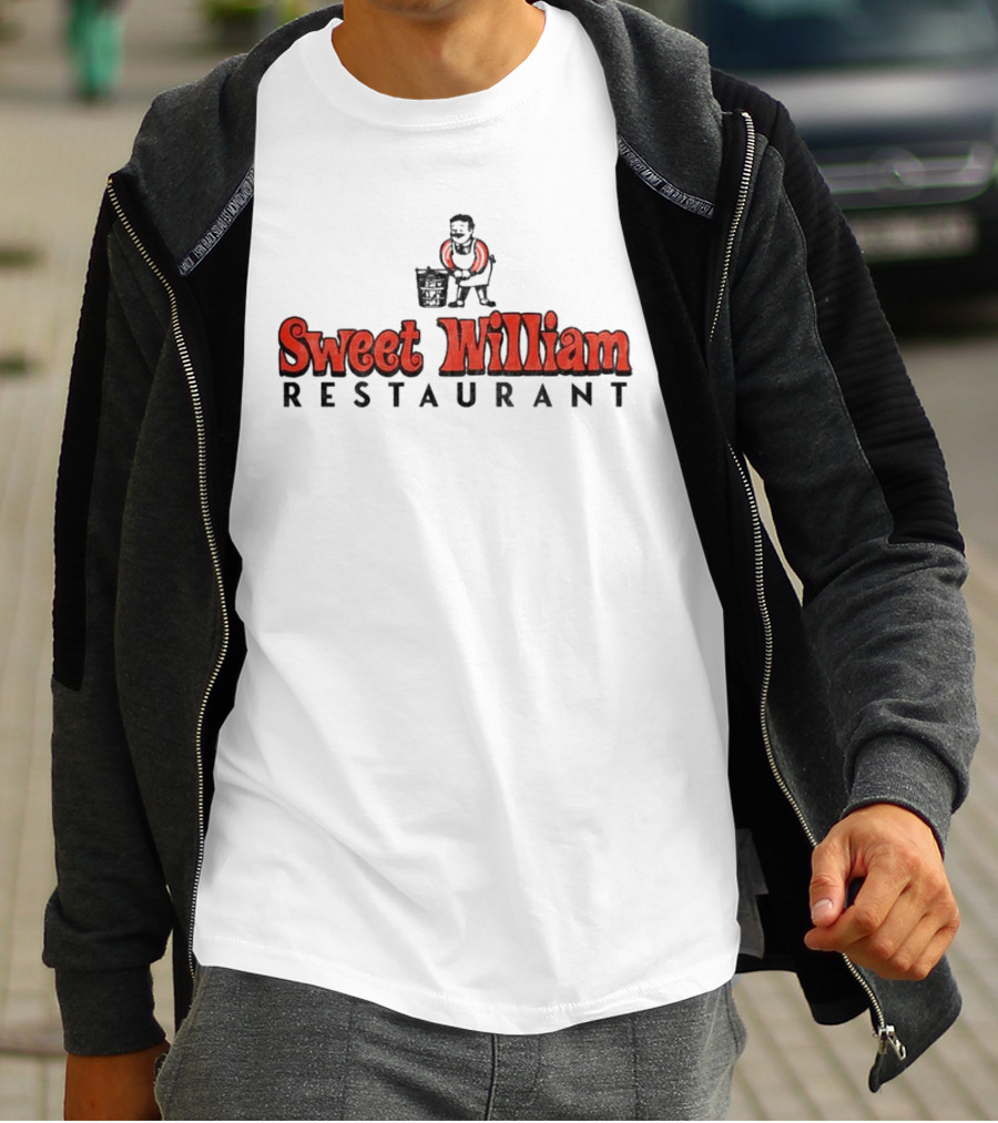 Sweet William Restaurant Nostalgic Logo With Man Carrying Bucket T-Shirt