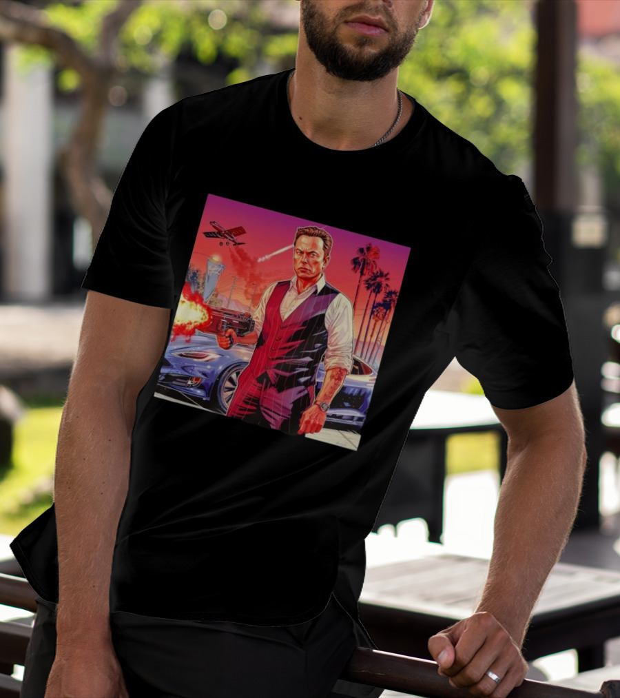 Grand Theft Auto Elon Musk Sunset Shootout With Palm Trees And Jetstream T-Shirt