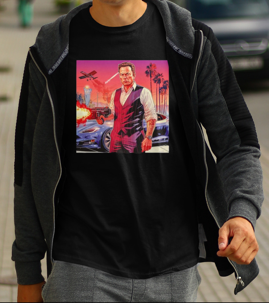 Grand Theft Auto Elon Musk Sunset Shootout With Palm Trees And Jetstream T-Shirt