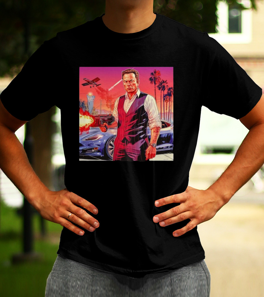 Grand Theft Auto Elon Musk Sunset Shootout With Palm Trees And Jetstream T-Shirt