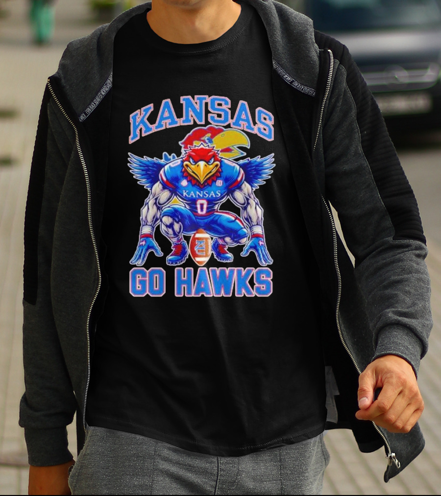 Kansas Jayhawks Go Hawks Fierce Mascot Football T-Shirt