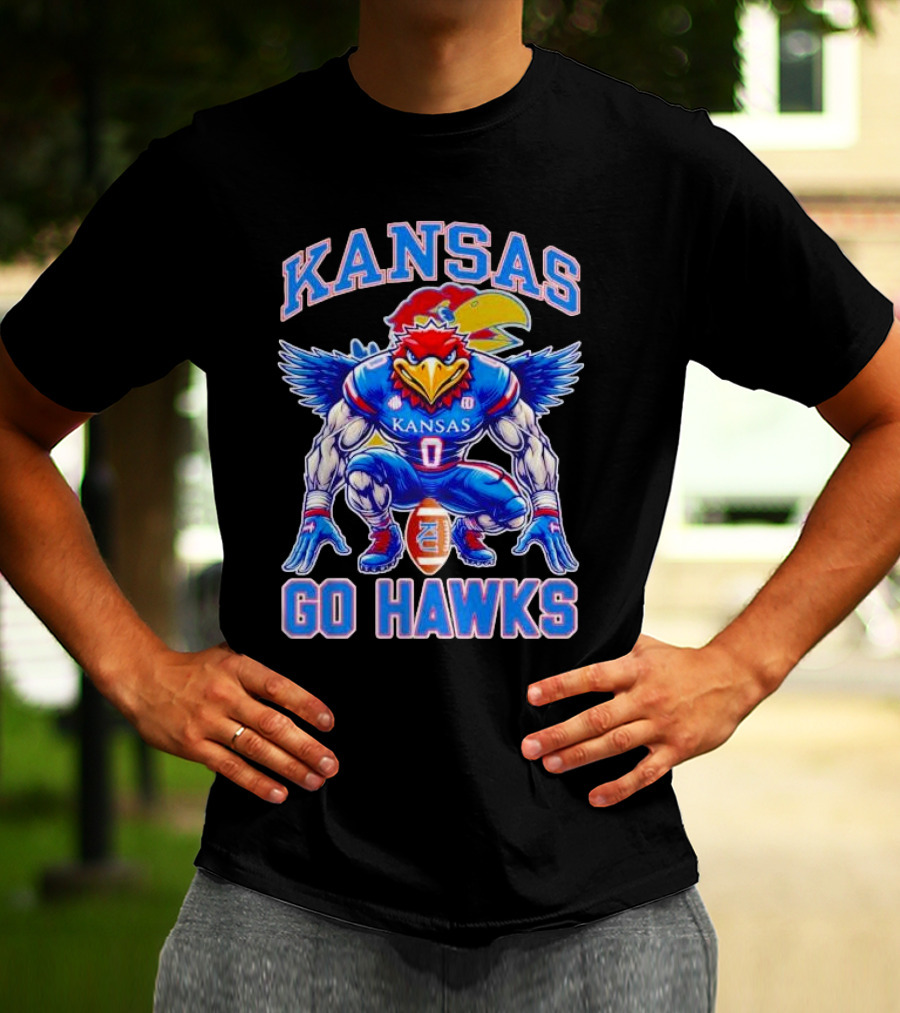 Kansas Jayhawks Go Hawks Fierce Mascot Football T-Shirt