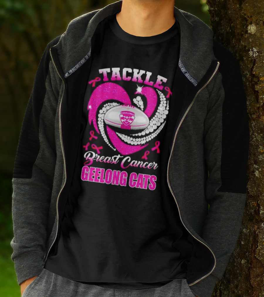 Tackle Breast Cancer Geelong Cats Pink Ribbon Football Heart T-Shirt