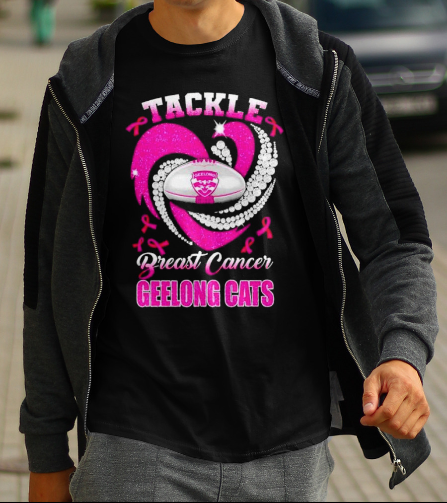 Tackle Breast Cancer Geelong Cats Pink Ribbon Football Heart T-Shirt