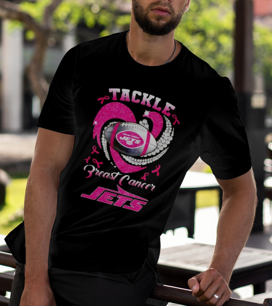 Tackle Breast Cancer New York Jets Football Heart Pink Ribbons T-Shirt