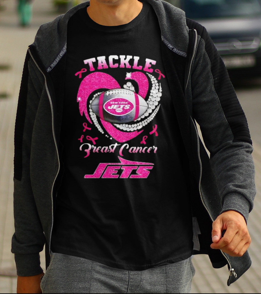 Tackle Breast Cancer New York Jets Football Heart Pink Ribbons T-Shirt