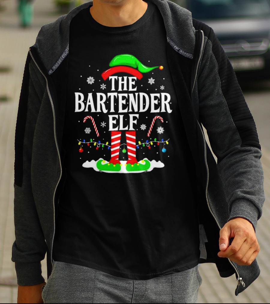 The Bartender Elf Christmas Candy Canes Festive Lights And Snowflakes T-Shirt