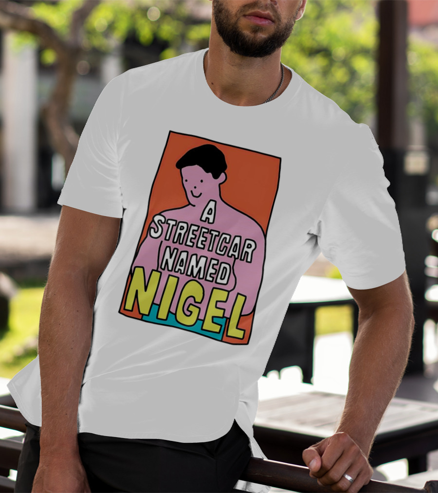 A Streetcar Named Nigel Pink Cartoon Character With Orange Background T-Shirt