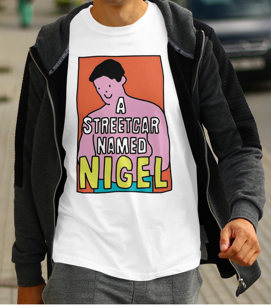 A Streetcar Named Nigel Pink Cartoon Character With Orange Background T-Shirt