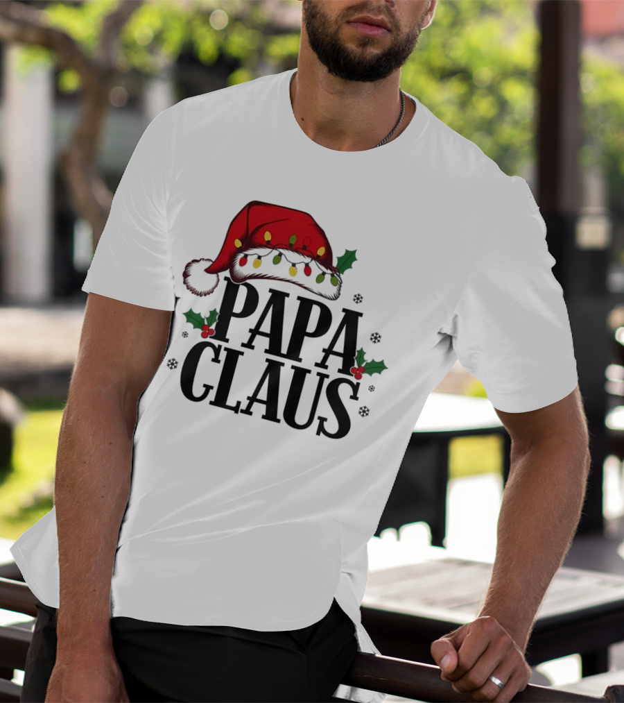 Papa Claus Christmas Santa Hat Holly Lights Snowflakes T-Shirt