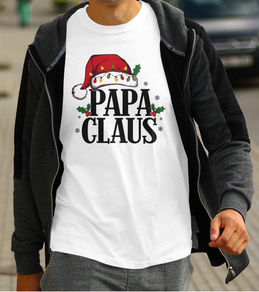 Papa Claus Christmas Santa Hat Holly Lights Snowflakes T-Shirt