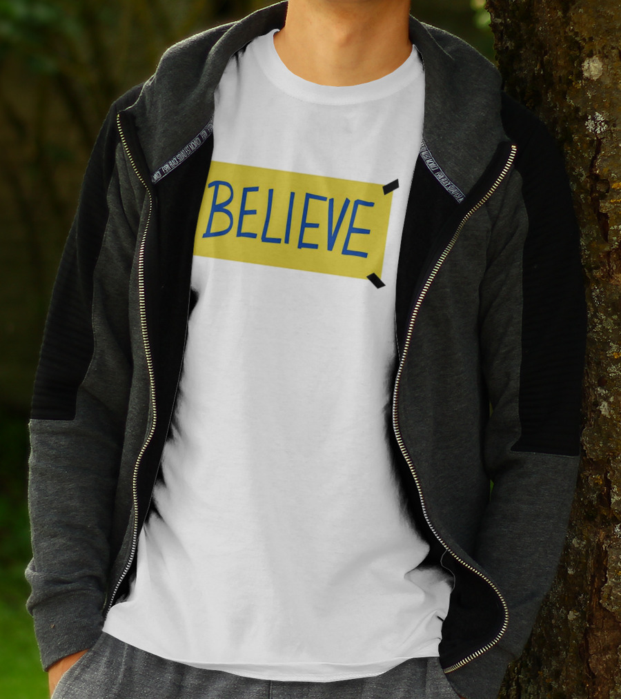 Ted Lasso Believe Sign Taped Yellow Background T-Shirt