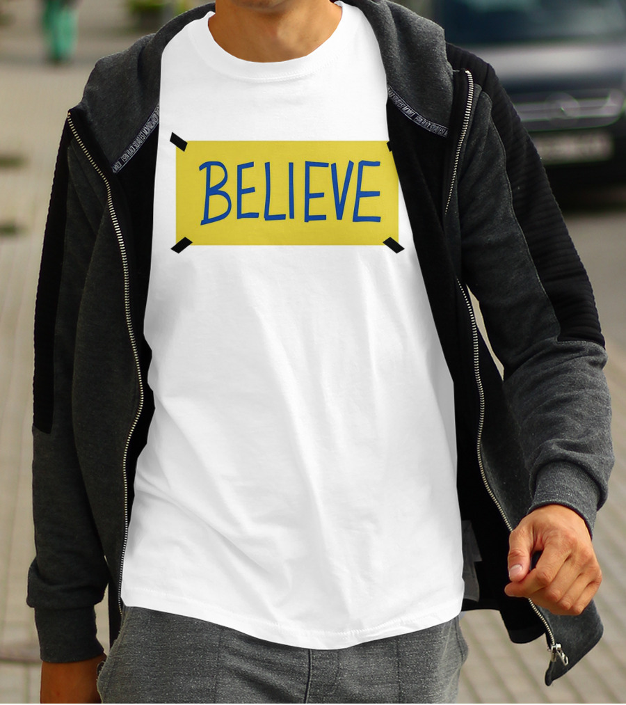 Ted Lasso Believe Sign Taped Yellow Background T-Shirt