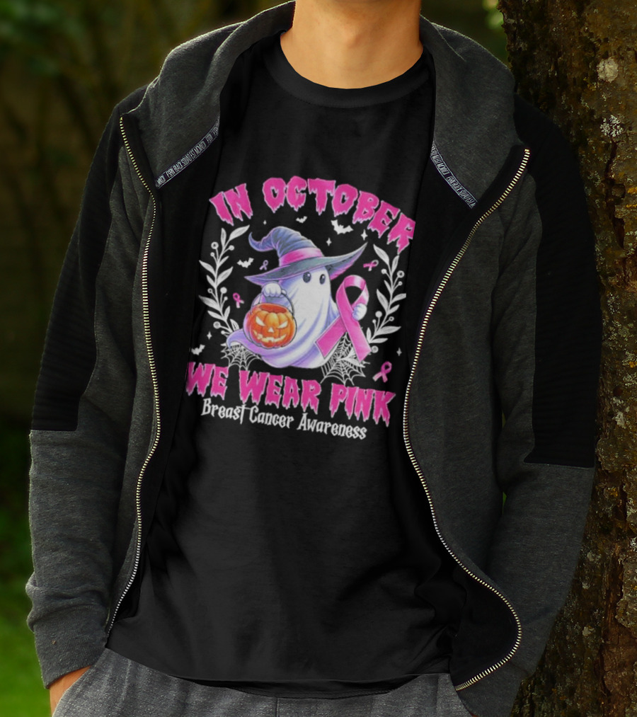 In October We Wear Pink Breast Cancer Awareness Ghost With Pumpkin And Witch Hat T-Shirt