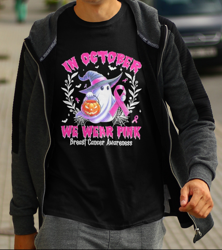 In October We Wear Pink Breast Cancer Awareness Ghost With Pumpkin And Witch Hat T-Shirt