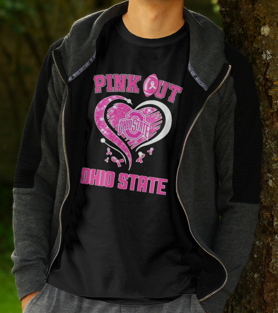 Ohio State Pink Out Breast Cancer Heart Football T-Shirt
