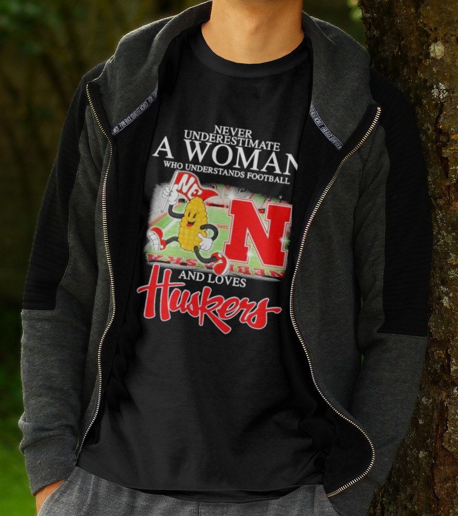 Never Underestimate A Woman Who Understands Football And Loves Huskers Corn Mascot Logo NC T-Shirt