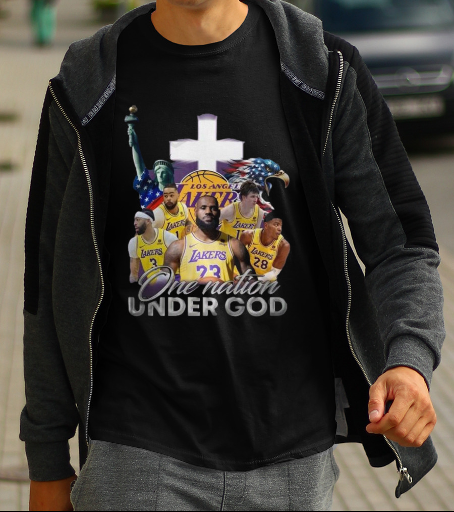 Los Angeles Lakers One Nation Under God Statue Of Liberty Cross Eagle Basketball Players T-Shirt