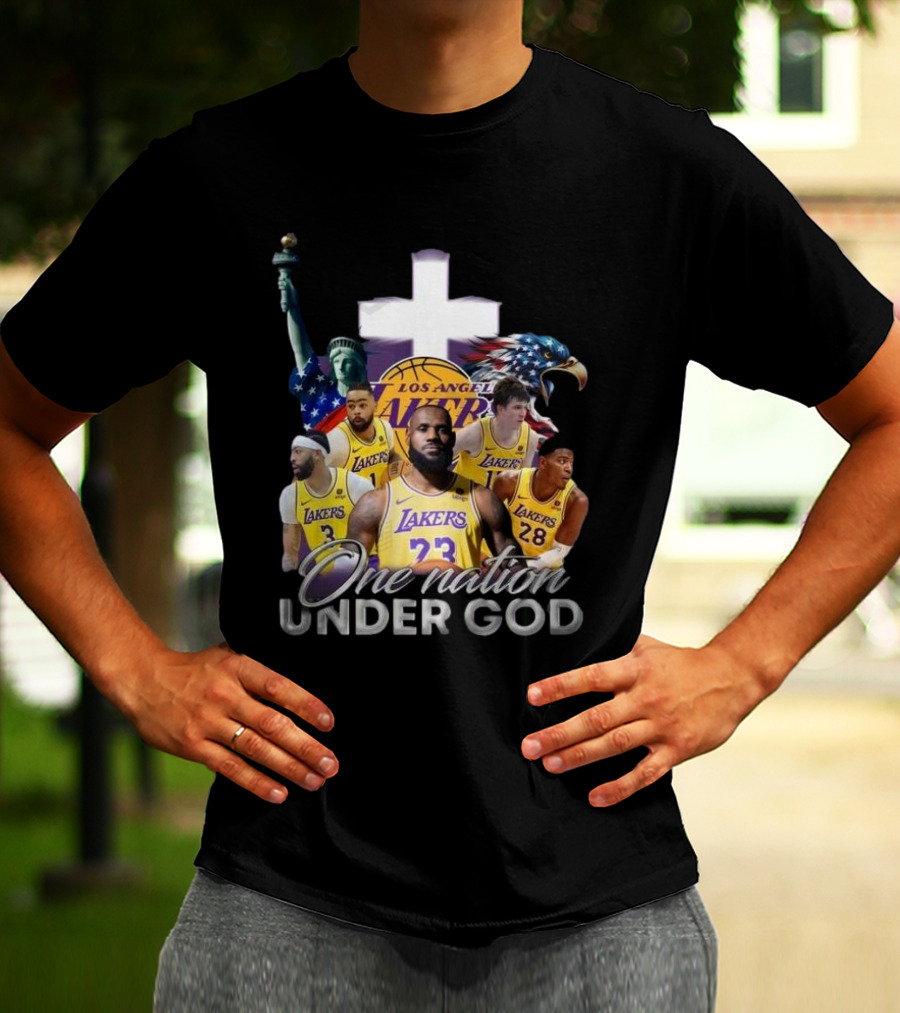 Los Angeles Lakers One Nation Under God Statue Of Liberty Cross Eagle Basketball Players T-Shirt