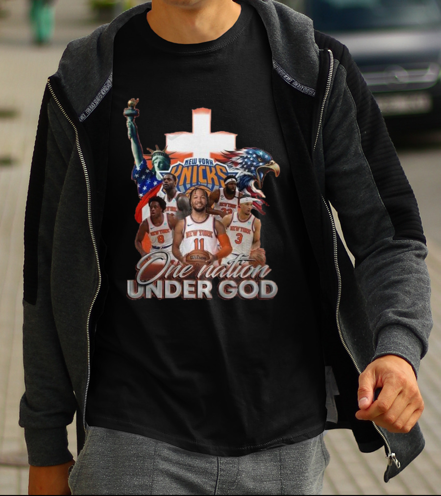 New York Knicks One Nation Under God Statue Of Liberty American Eagle Basketball Players T-Shirt