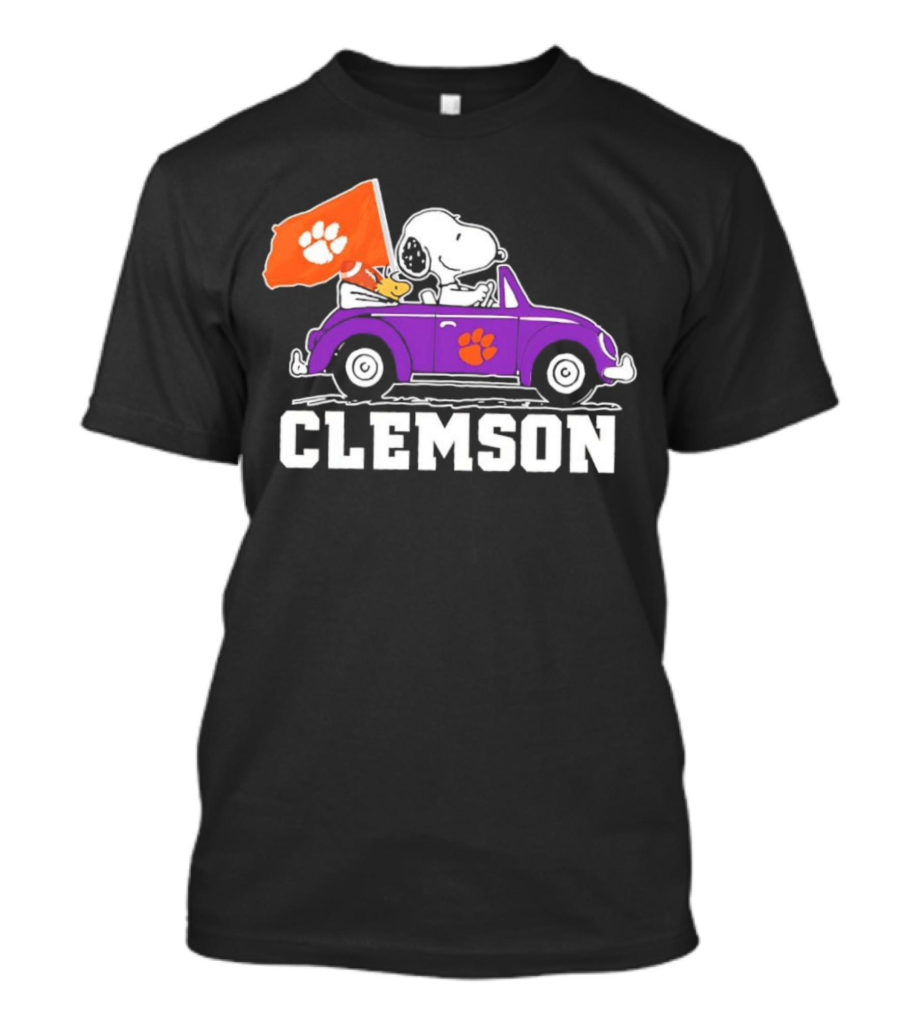 Snoopy And Woodstock In Purple Car With Clemson Flag T-Shirt