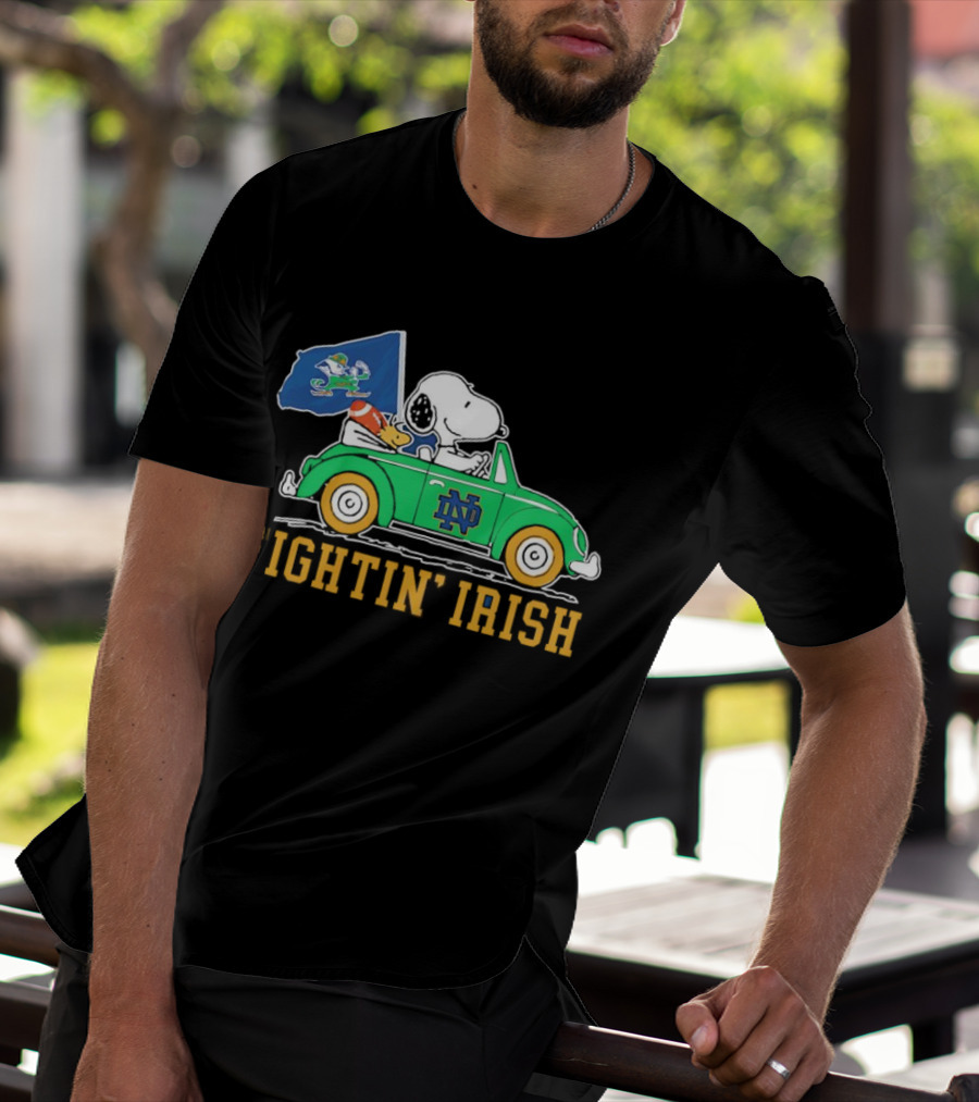 Snoopy And Woodstock Driving ND Car Fightin' Irish T-Shirt