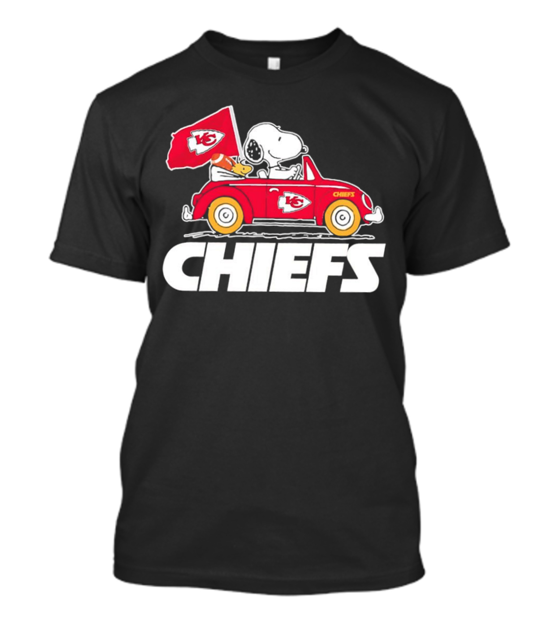 Snoopy Woodstock Driving Red Car Chiefs Flag Kansas City Chiefs T-Shirt