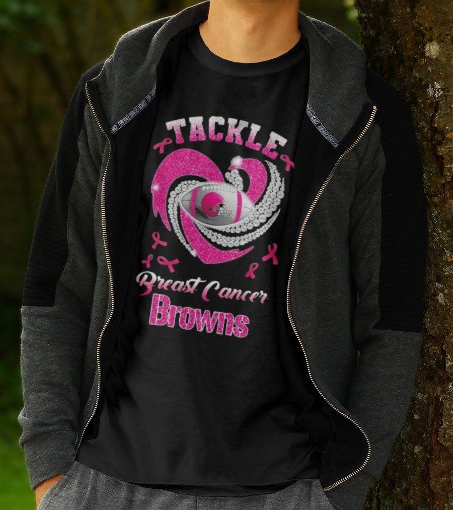 Tackle Breast Cancer Browns Pink Ribbon Football T-Shirt