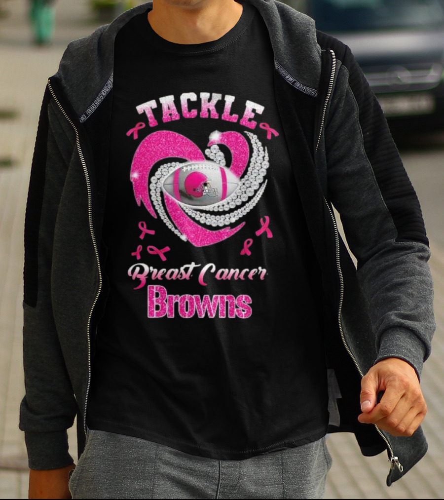 Tackle Breast Cancer Browns Pink Ribbon Football T-Shirt