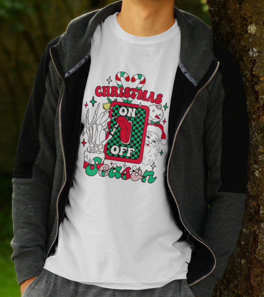 Christmas Season On Off Skeleton Hand Santa Claus T-Shirt