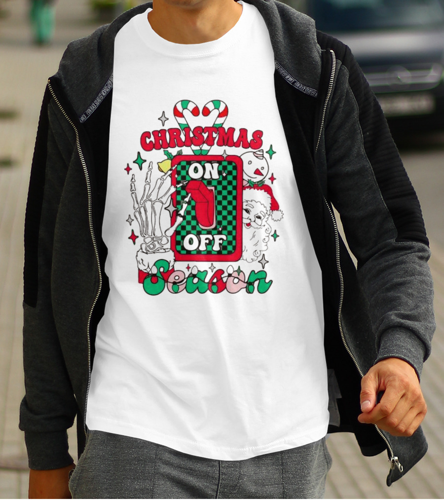 Christmas Season On Off Skeleton Hand Santa Claus T-Shirt
