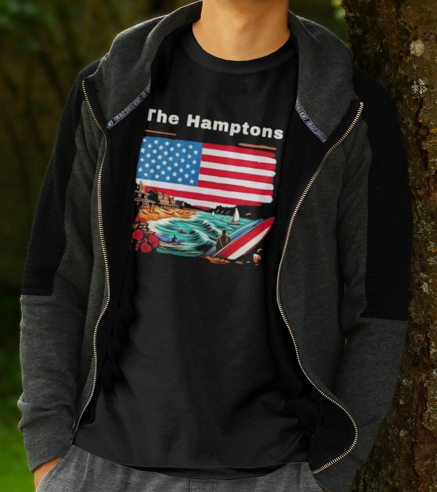 The Hamptons American Flag Beach Oceanside Surfing Scene T-Shirt