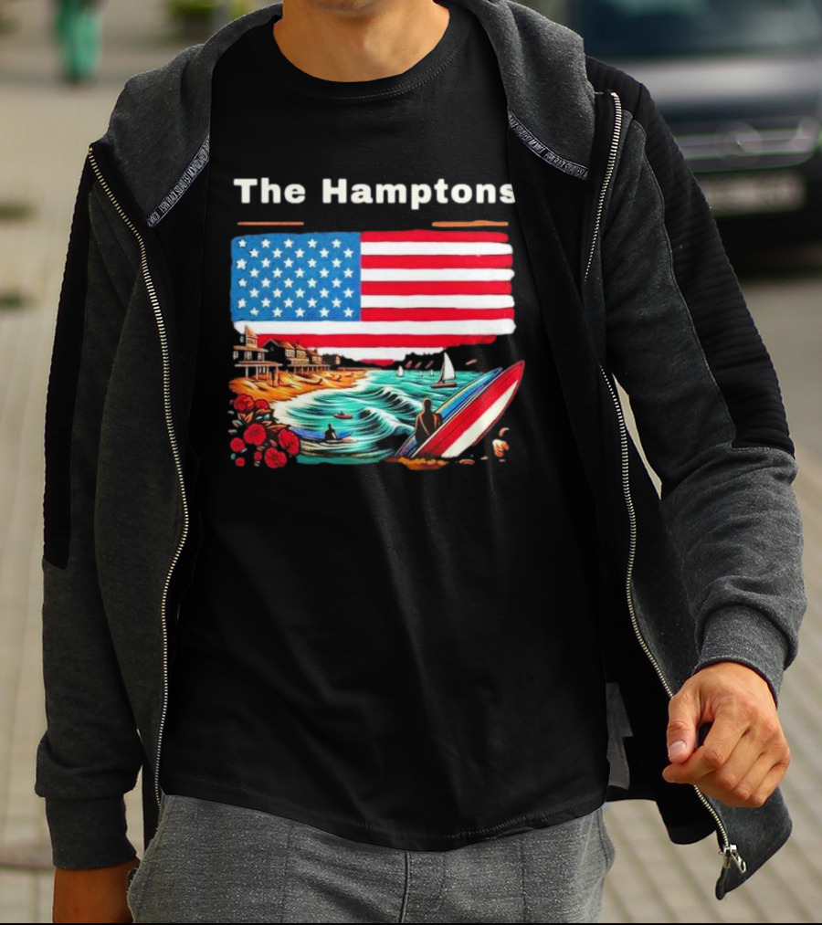 The Hamptons American Flag Beach Oceanside Surfing Scene T-Shirt