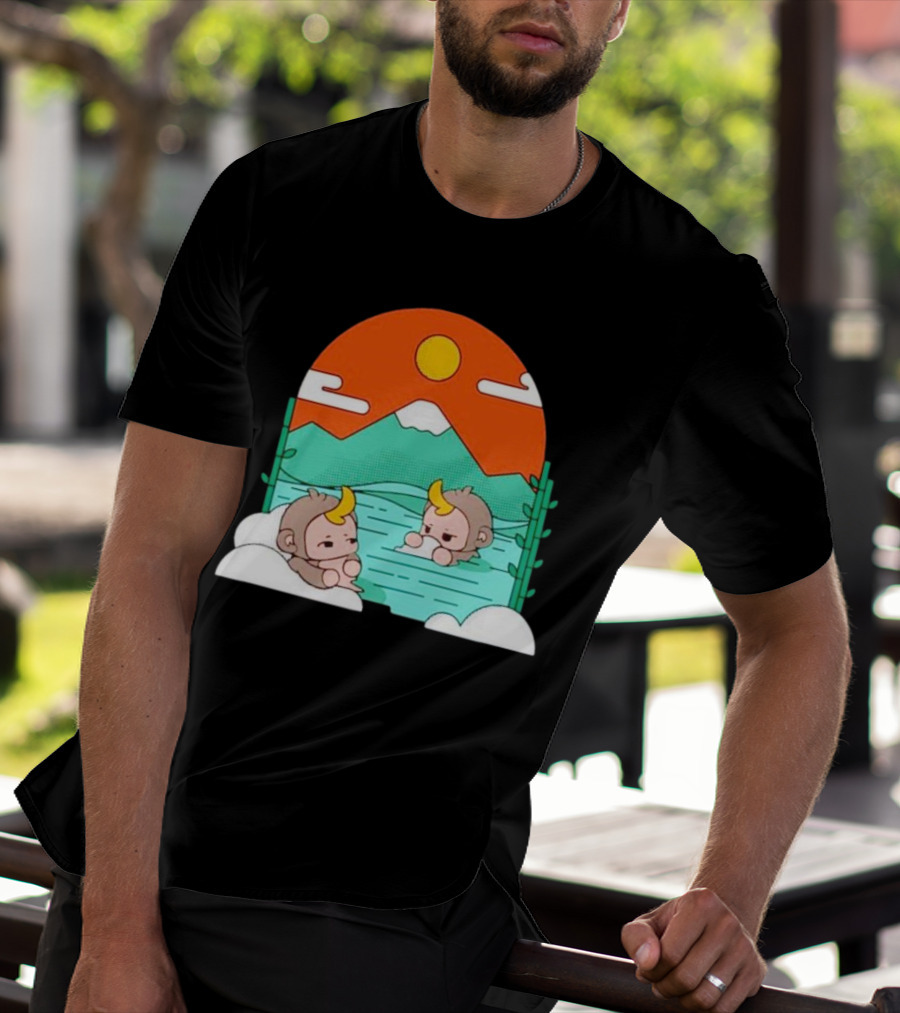The Tranquil Monkey Hot Spring Relaxation Scene With Mountains And Sun T-Shirt
