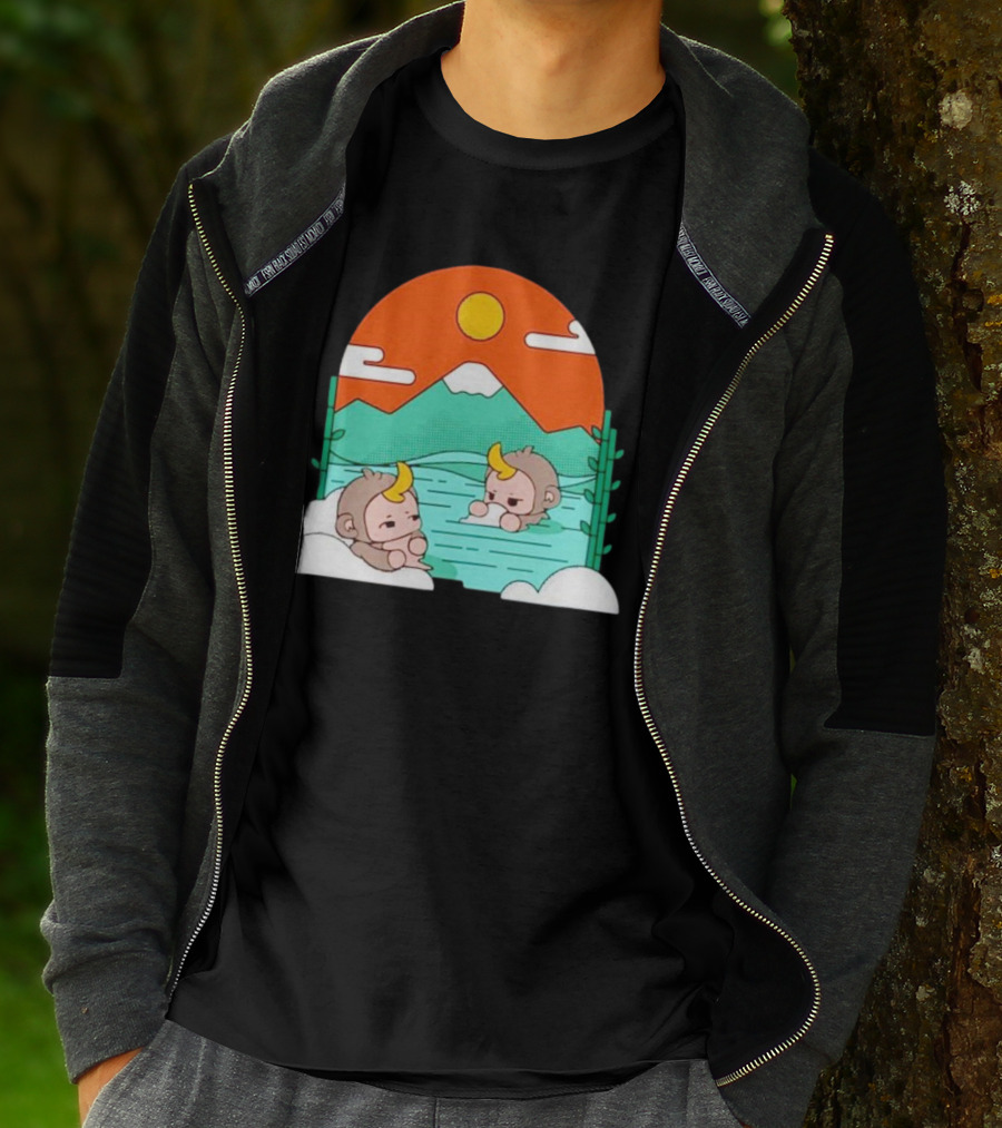 The Tranquil Monkey Hot Spring Relaxation Scene With Mountains And Sun T-Shirt